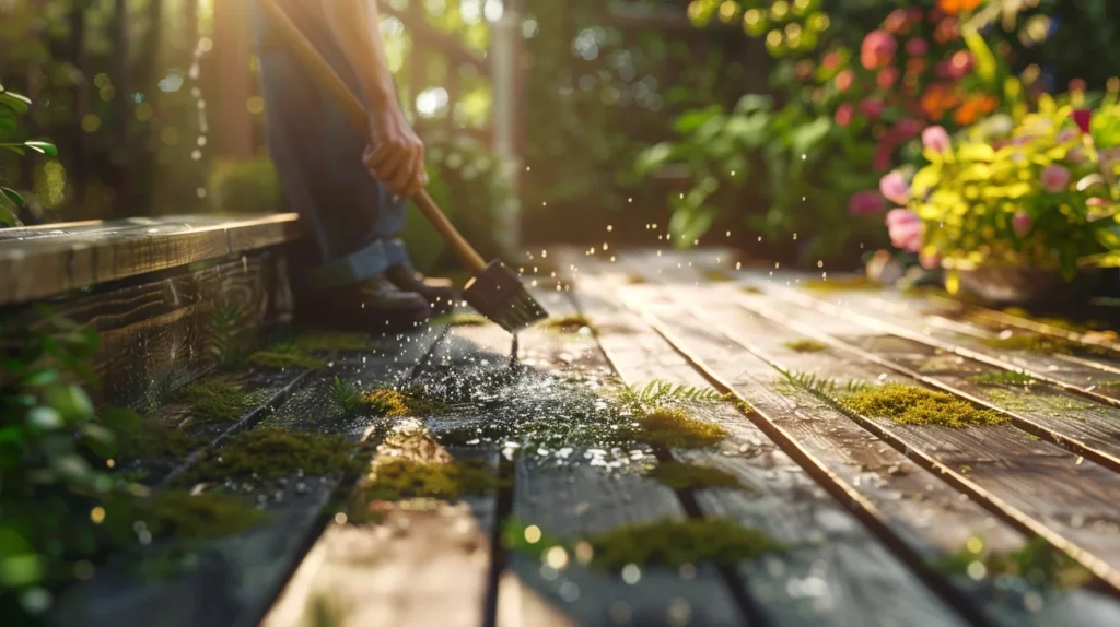 mousse sur une terrasse en bois